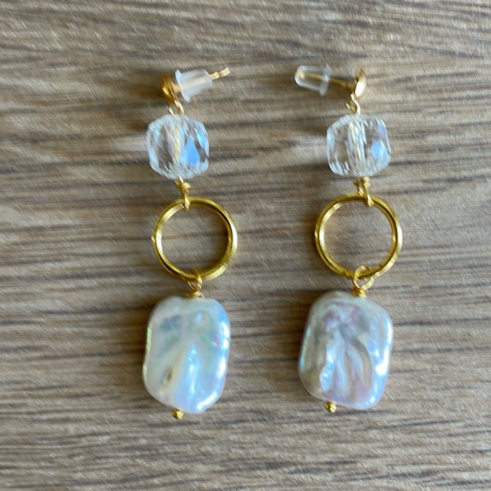 HAND CRAFTED BAROQUE PEARL EARRINGS White Freshwater Pearls Cathedral  Beads